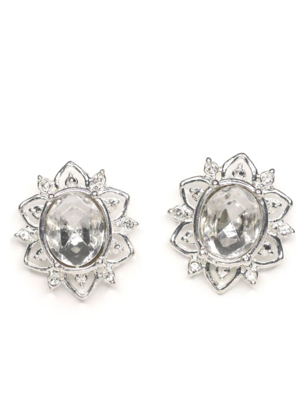 Vintage Avon NRT Silver Tone Faux Diamond Stud Earrings Clear Crystal Floral